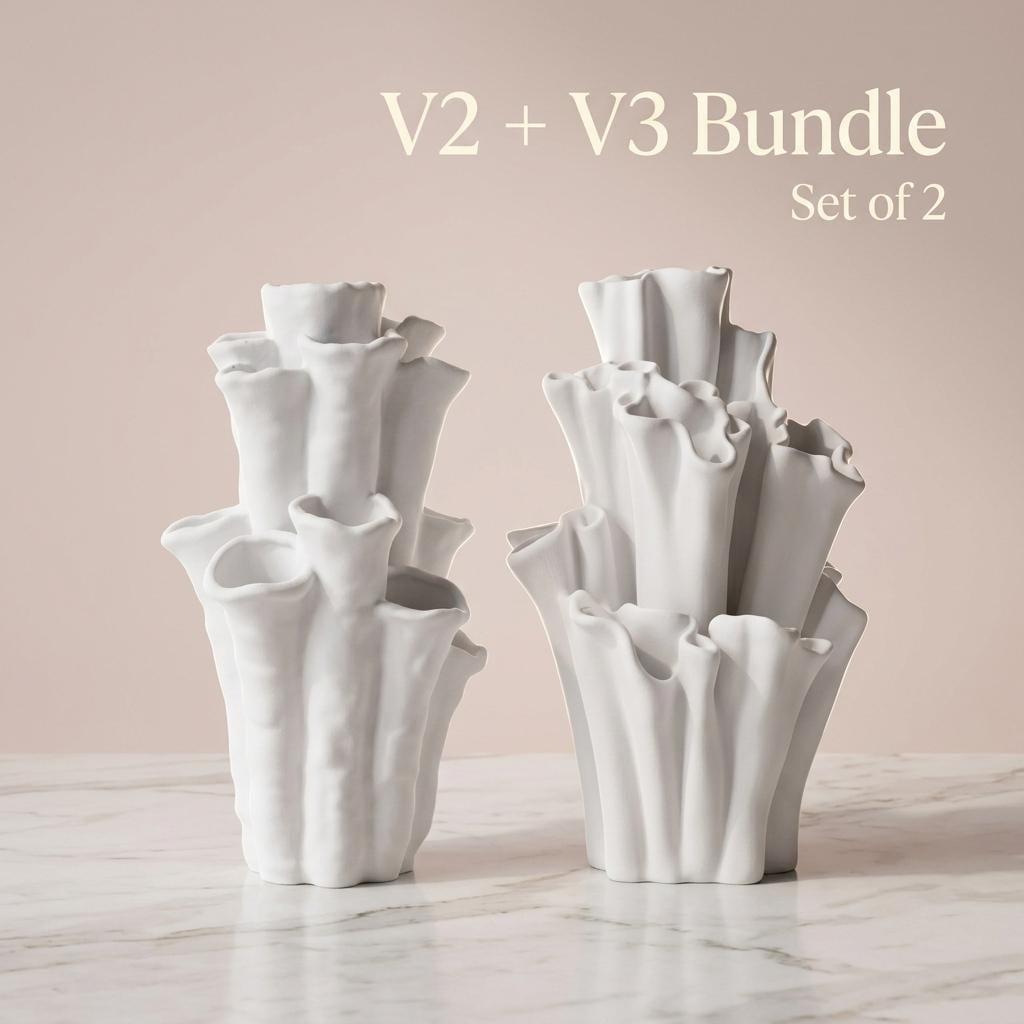 Two white coral-shaped vases with different flared tube designs; graphic reads “V2 + V3 Bundle, Set of 2”