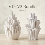Two white coral-shaped vases, one with narrow tubes and one with ruffled tubes; graphic reads “V1 + V3 Bundle, Set of 2”