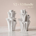 Two white coral-shaped vases with different flared tube designs; graphic reads “V2 + V3 Bundle, Set of 2”