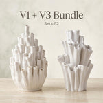 Two white coral-shaped vases, one with narrow tubes and one with ruffled tubes; graphic reads “V1 + V3 Bundle, Set of 2”