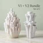 Two white coral-shaped vases, one with narrow tubes and one with flared openings; graphic reads “V1 + V2 Bundle, Set of 2”