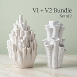 Two white coral-shaped vases, one with narrow tubes and one with flared openings; graphic reads “V1 + V2 Bundle, Set of 2”
