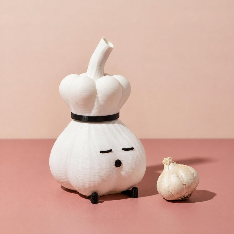 White garlic lamp wearing a chef hat against a blush pink background