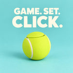 Tennis ball clicker with Game Set Click text on a blue background