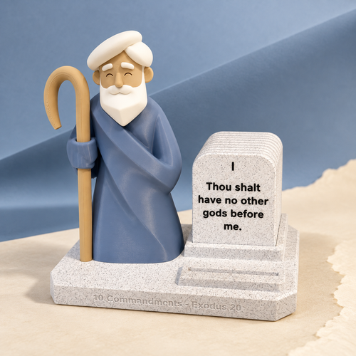 Moses Ten Commandments display against folded blue paper