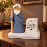 Moses Ten Commandments display on a walnut table