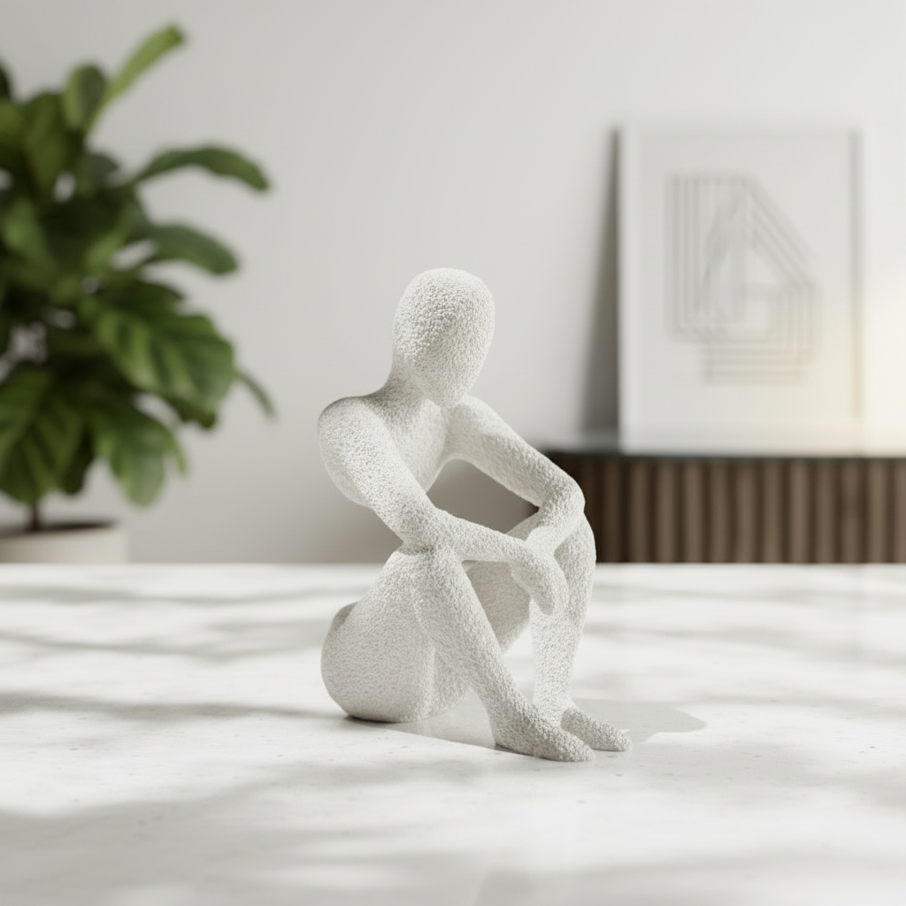 White abstract sculpture on a white surface with a plant and framed picture in the background