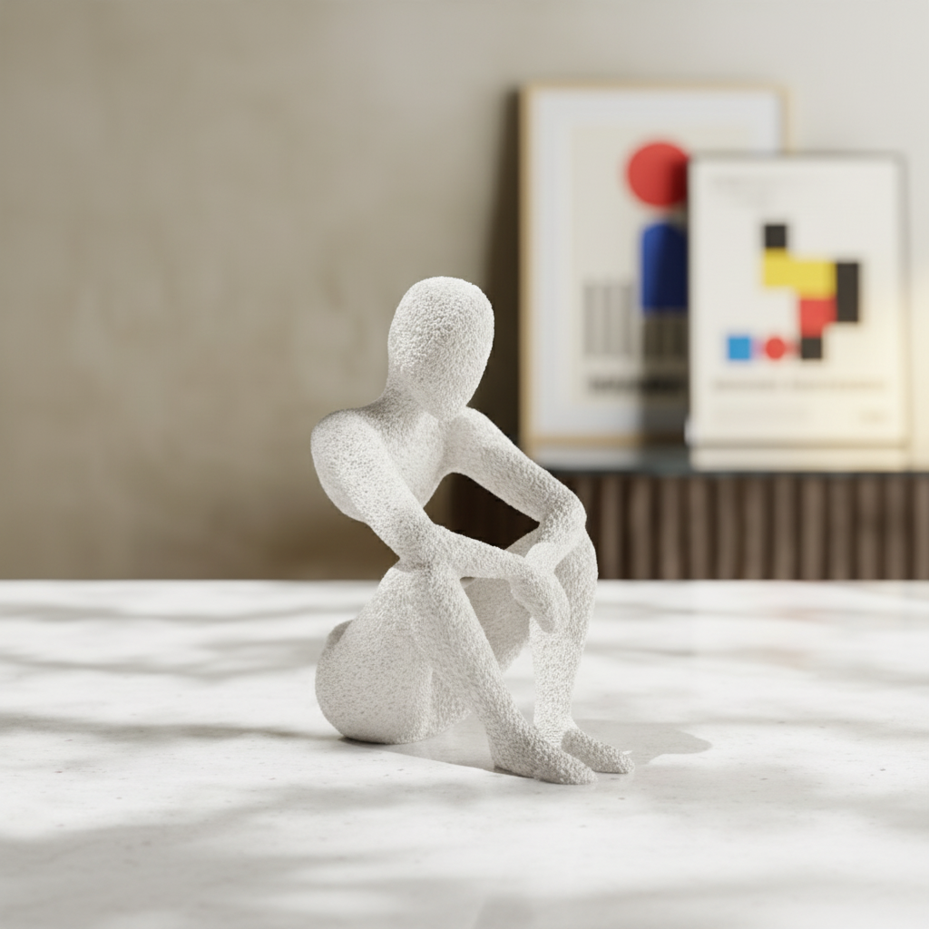White abstract sculpture on a textured surface with a blurred abstract painting in the background