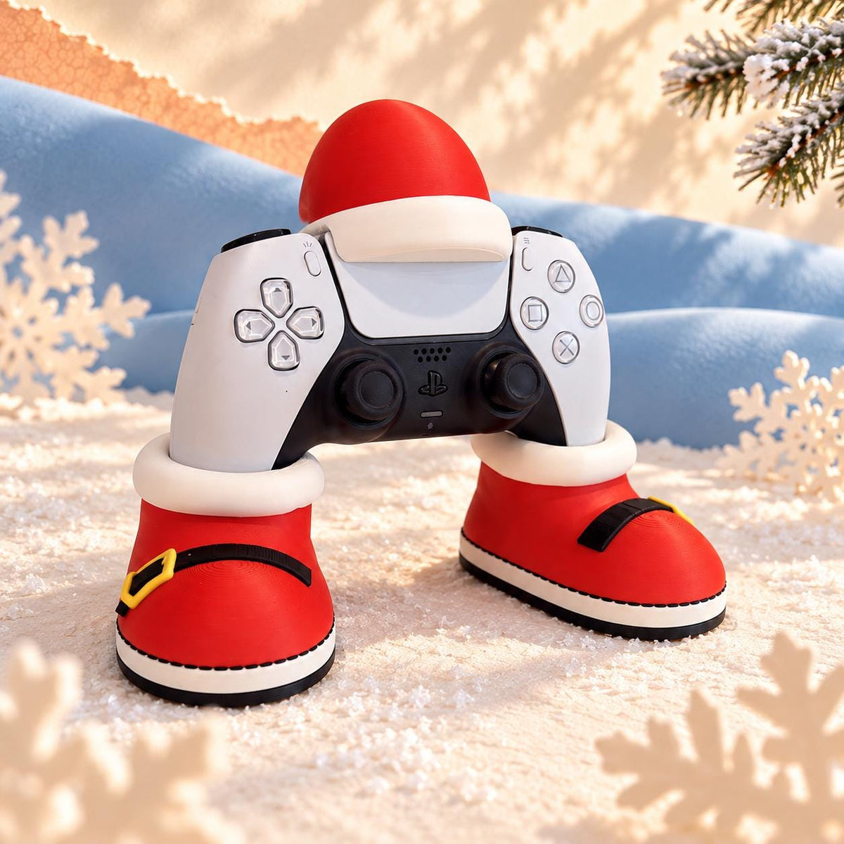 Santa controller stand set: a game controller held in the cuffs of red Santa boots with black straps and yellow buckles, Santa hat on top, a christmas gamer gift. Controller not included.
