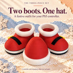 Santa controller stand ad reading 'Two boots. One hat.': two red Santa boots with white cuffs and black straps plus a Santa hat, a 3-piece controller holder and stocking stuffer, controller not included.