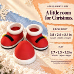 Santa controller stand size guide reading 'A little room for Christmas.': each boot 3.8 x 2.6 x 2.1 in, hat 2.7 x 3.3 x 2.2 in, a christmas gamer gift controller holder; controller not included.