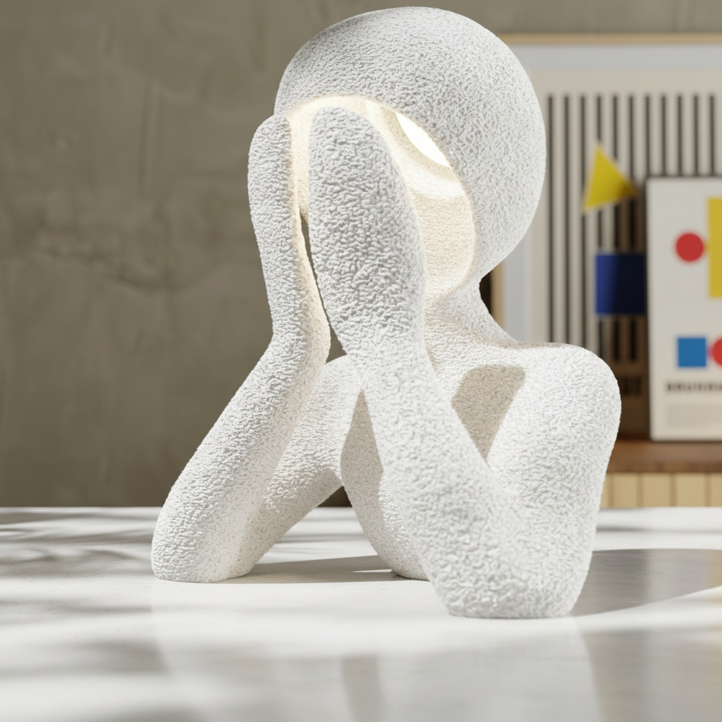 Modern white textured table lamp on a light surface with a neutral background